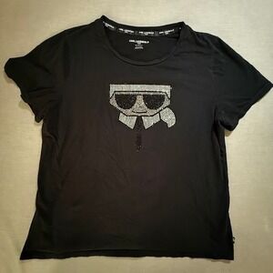 Karl Lagerfeld Paris Black Rhinestone Graphic Logo T-Shirt Womens XL Bedazzled